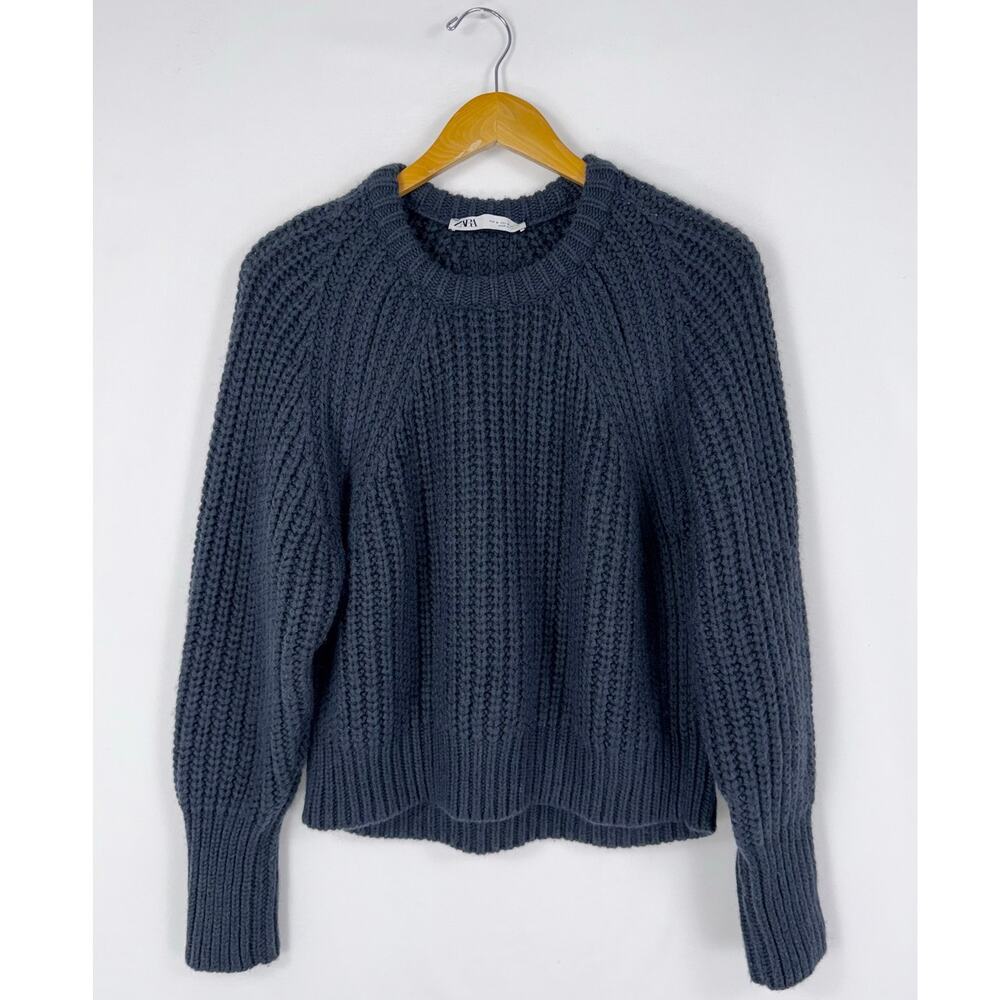 Zara Chunky Knit Wool Blend Crew Neck Sweater Women's Medium Navy Blue